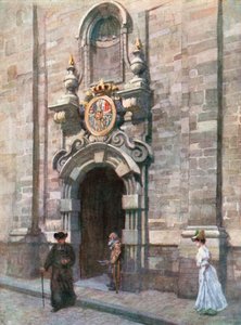 Ingang van de Oude Karmelietenkerk, Brussel (kleurenlitho)