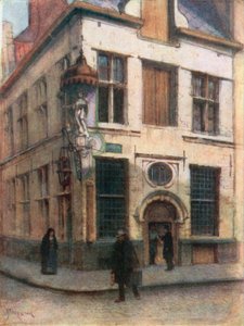Oude huizen in de Keizersstraat, Antwerpen (kleurenlitho)