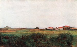 De boerderij van La Belle Alliance en de heuvel met daarop de Belgische leeuw, Waterloo (kleurenlitho)