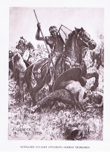 Hulptroepen cavalerie die Duitse stammen aanvallen, illustratie uit De Romeinse Soldaat, 1928 door Amedee Forestier