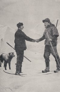 Ontmoeting van poolonderzoekers Frederick George Jackson en Fridtjof Nansen, Franz Josef Land, 1896 door Amedee Forestier