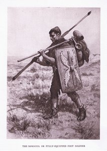 De Impeditus of volledig uitgeruste voetsoldaat, illustratie uit De Romeinse Soldaat, 1928 door Amedee Forestier