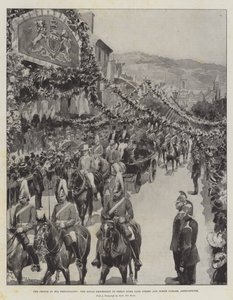 De Prins in zijn Prinsdom, de Koninklijke Processie in Great Duke Gate Street en North Parade, Aberystwith door Amedee Forestier