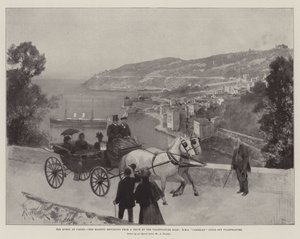 De Koningin in Cimiez, Hare Majesteit keert terug van een rit langs de Villefranche Road, HMS Cambrian voor anker bij Villefranche door Amedee Forestier
