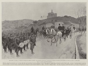 De Koningin in Cimiez, een Aangenaam Voorbeeld van Franse Hoffelijkheid, Hare Majesteit begroet door een Bataljon Franse Infanterie, toevallig ontmoet op de St Andre Weg