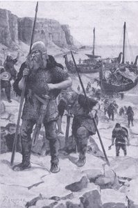 De Vikingen ontdekken Amerika, uit Mijn Tijdschrift, uitgegeven 1922 (litho)