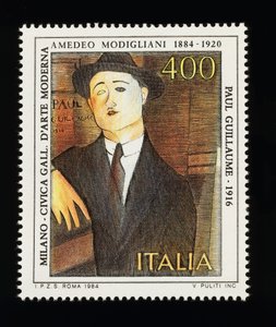 Postzegel uit de Italiaanse kunstserie ter ere van Amedeo Modigliani (1884-1920), met afbeelding van Portret van Paul Guillaume (1916), 400-lire zegel door Amadeo (after) Modigliani
