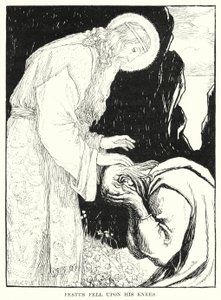 Festus viel op zijn knieën (gravure) door Amelia M. (attr.to) Bowerley or Bauerle