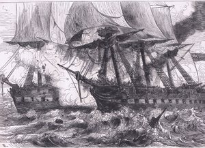 Gevecht tussen de Chesapeake en de Shannon, illustratie uit Cassells Geschiedenis van de Verenigde Staten uitgegeven door Cassell, Petter & Galpin, ca. 1900 (litho)