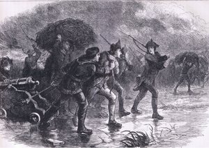 Nachtelijke manoeuvres van de Amerikanen in Boston, illustratie uit Cassells Geschiedenis van de Verenigde Staten gepubliceerd door Cassell, Petter & Galpin, ca. 1900 (litho) door American English school
