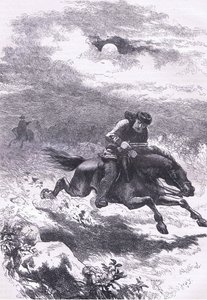 Achtervolging van Paul Revere de verkenner, illustratie uit Cassells Geschiedenis van de Verenigde Staten uitgegeven door Cassell, Petter & Galpin, ca. 1900 (litho)