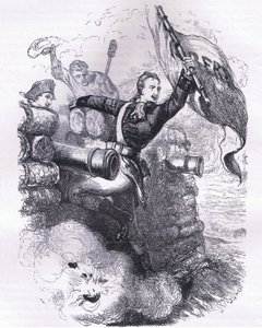 Sergeant Jasper herstelt de vlag, illustratie uit Cassells Geschiedenis van de Verenigde Staten uitgegeven door Cassell, Petter & Galpin, c.1900 door American English school