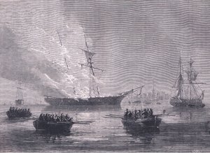 De verbranding van Gaspee, illustratie uit Cassells Geschiedenis van de Verenigde Staten uitgegeven door Cassell, Petter & Galpin, ca. 1900 (litho) door American English school