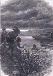 Handelaren op de Ohio aangevallen door wilden, illustratie uit Cassells Geschiedenis van de Verenigde Staten uitgegeven door Cassell, Petter & Galpin, ca. 1900 (litho) door American English school
