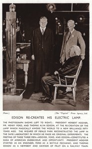 Thomas Edison hercreëert zijn elektrische licht voor President Herbert Hoover en Henry Ford (zwart-wit foto) door American Photographer (after)
