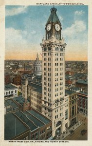 Baltimore, MA: Maryland Casualty Tower-gebouw, noordwestelijke hoek Baltimore and North Streets (kleurenfoto) door American Photographer