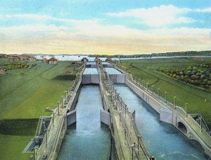 Vogelvlucht van Gatun Locks, met alle sluizen, Panamakanaal door American Photographer