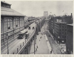 Brooklyn Bridge vanaf de New York kant, toont wagenweg, trolley lijn, verhoogde auto