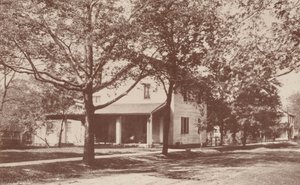 Huis van "The Minerva," de eerste literaire club voor vrouwen, New Harmony, Indiana (z/w foto)