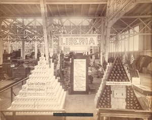 Liberia zeep- en koffiedisplay, Agricultural Hall, Philadelphia Centennial Exhibition, 1876