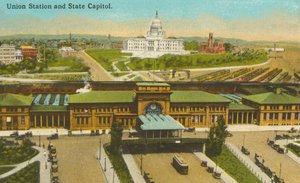 Providence, Rhode Island: Union Station en het Capitool van de Staat (gekleurde foto) door American Photographer