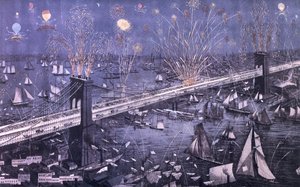 Een Vogelvlucht van de Grote New York en Brooklyn Brug en groot vuurwerk op openingsavond, 1883, uitgegeven door A. Major