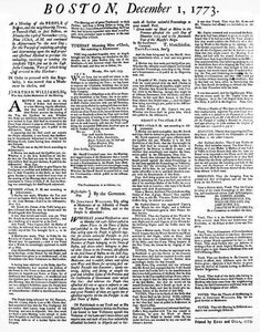 Een krant met details over de gebeurtenissen van de Boston Tea Party, december 1773