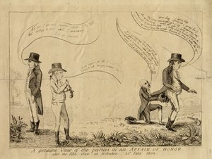 Een echt beeld van de partijen in een eerkwestie na het vijfde schot in Hoboken, 31 juli 1802 door American School