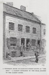 Een huurkazerne op Hamilton Street bekend als "Het Schip," 1, smalle ingang naar de achterzijde leidend naar de zolderkamers (litho) door American School