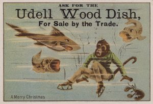 Een vrolijk kerstfeest, handelskaart die Udell houten schalen adverteert