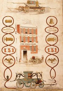 Advertentie voor Abraham Vanness, brandweermachinebouwer en maker van brandbestrijdingsapparatuur, uitgegeven door Geo. G. Gratacap, New York, ca. 1850 door American School