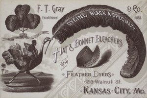 Advertentie voor F T Gray, hoed- en kapblekers en veer ververijen, Kansas City, Missouri, USA door American School