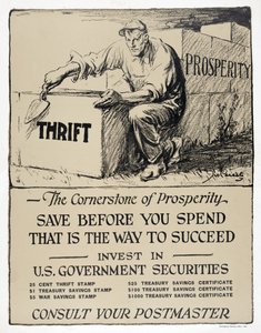 Advertentie voor Amerikaanse staatsobligaties, "De hoeksteen van welvaart", pub.1921 (litho) door American School