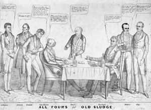 All Fours of Old Sludge, politieke cartoon die president Martin Van Buren (1782-1862) afbeeldt die kaarten speelt tegen William Henry Harrison (1773-1841) te midden van andere staatslieden en politici, 1836 door American School