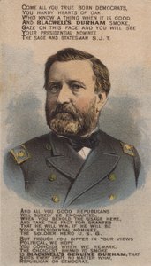 Amerikaanse soldaat en politicus Ulysses S Grant, handelskaart die Blackwell Durham Bull Tobacco adverteert, 1870s