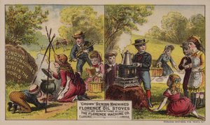 Amerikaanse handelskaart die naaimachines en oliekachels adverteert, vervaardigd door de Florence Machine Company, Massachusetts, ca. 1880s door American School