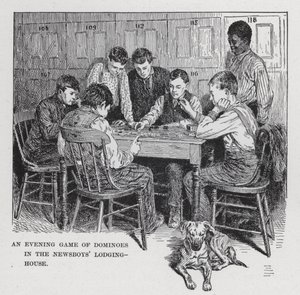 Een avondspelletje domino in het slaapverblijf van de krantenjongens (litho) door American School