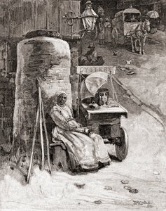 Een oesterverkoopster met haar kar bij de Washington Navy Yard, Washington D.C., in de 19e eeuw, uit 