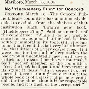 Artikel in de Boston Daily Globe over het verbod op Huckleberry Finn in Concord, Massachusetts, van 16 maart 1885 (krantenartikel)