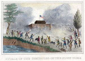 Aanval van de Seminoles op het Blokhuis, uitgegeven 1836 (handgekleurde gravure)