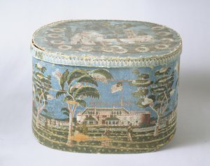 Doos bedekt met blokgedrukt papier met uitzicht op kasteel, c.1835 door American School