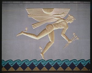 Bas-reliëf dat Mercurius toont van de buitenkant van een van de 14 gebouwen, gebouwd 1931-40