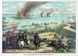 Slag tussen de Monitor en Merrimac, 9 maart 1862 bij Hampton Roads, nabij Norfolk, Virginia, uitgegeven door Kurz & Allison, ca. 1889 door American School