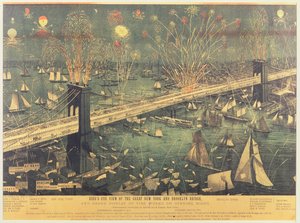 Vogelvlucht van de Grote New York en Brooklyn Bridge en het Grote Vuurwerk op de openingsavond in 1883