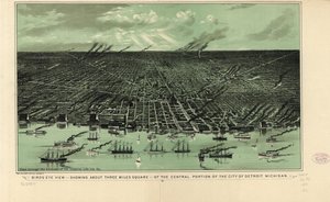 Vogelvluchtweergave van ongeveer drie vierkante mijl van het centrale deel van de stad Detroit, Michigan, ca. 1889