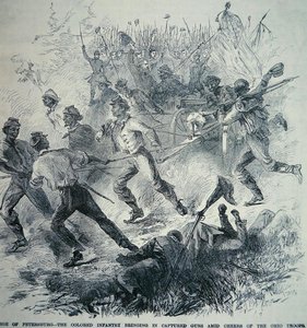 Zwarte troepen van het Union Army brengen veroverde kanonnen binnen tijdens het Beleg van Petersburg (1864-65)