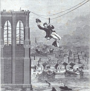 Brooklyn Bridge in aanbouw; de heer Farrington, hoofdconstructiesupervisor, is de eerste die de overspanning tussen de twee pylonen oversteekt op 25 augustus 1876 (gravure) door American School