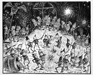 Brownies, uit The World Guide to Gnomes, Fairies, Elves and Other Little People door Thomas Keightley (1789-1872) gepubliceerd 1880 (ZW gravure)