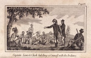 Kapitein Lewis & Clarke houden een raad met de Indianen, uitgegeven 1812 (gravure)