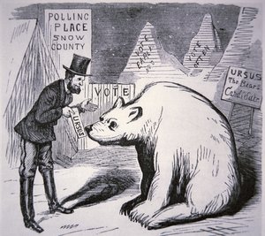 Cartoon die een Amerikaanse politicus toont die probeert kiezers te vinden in onbewoond Alaska door American School